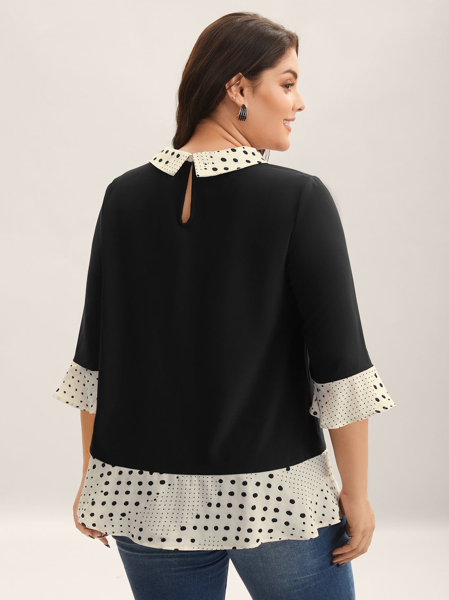 Sheer Color Contrast Spliced Collar Blouse