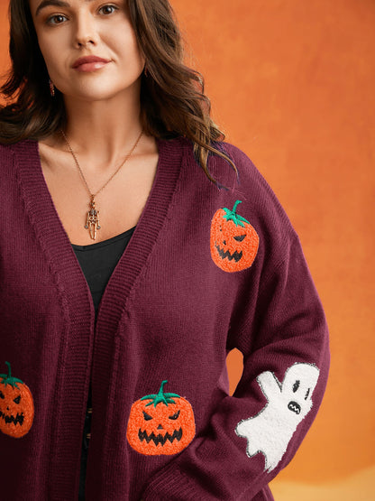 Pumpkin Ghost Embroidery Open Cardigan