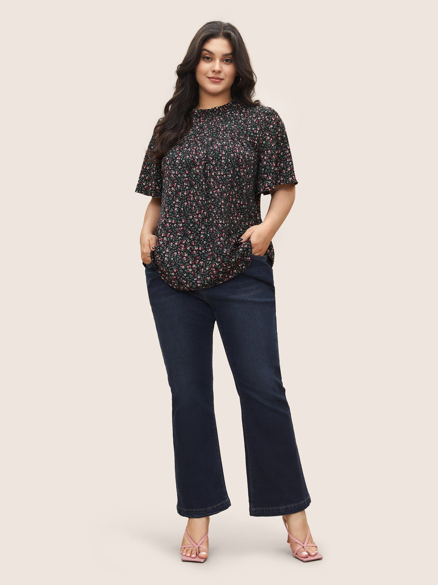 Ditsy Floral Plicated Detail Frill Trim Blouse