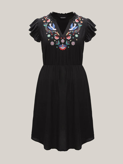 Floral Embroidered Notched Collar Midi Dress