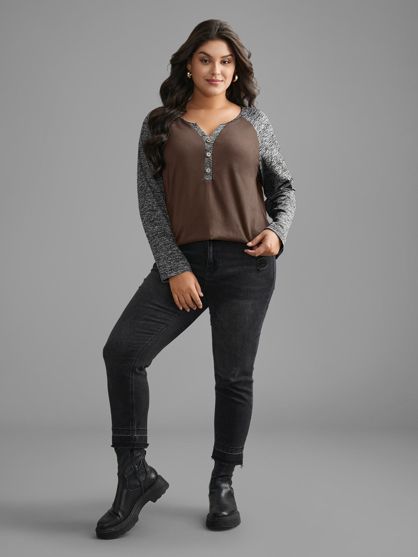 Heather Patchwork Button Detail Stretchy T-Shirt