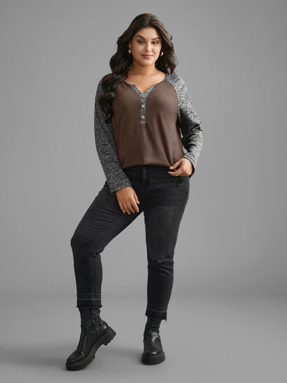 Heather Patchwork Button Detail Stretchy T-Shirt