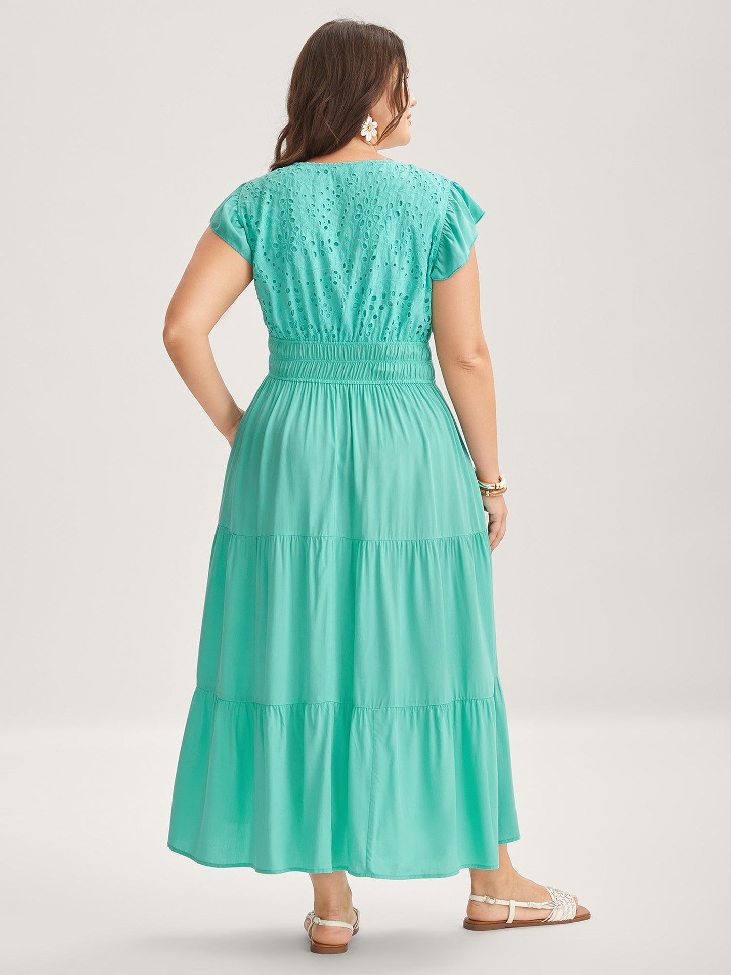 Cotton Embroidered Tie Pockets Midi Dress