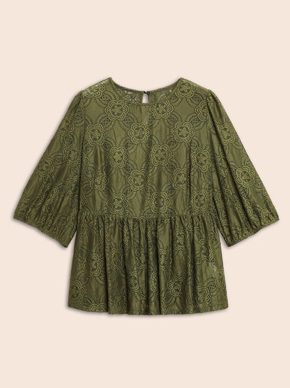 Crew Neck Crochet Lace Lantern Sleeve Blouse