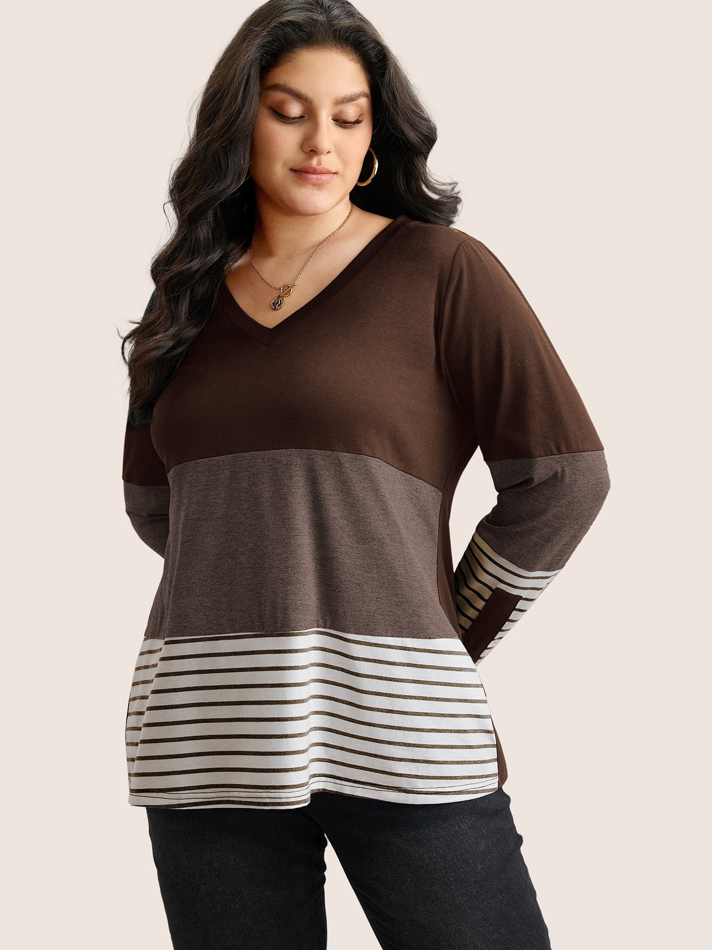 Colorblock Contrast Striped V Neck T-shirt