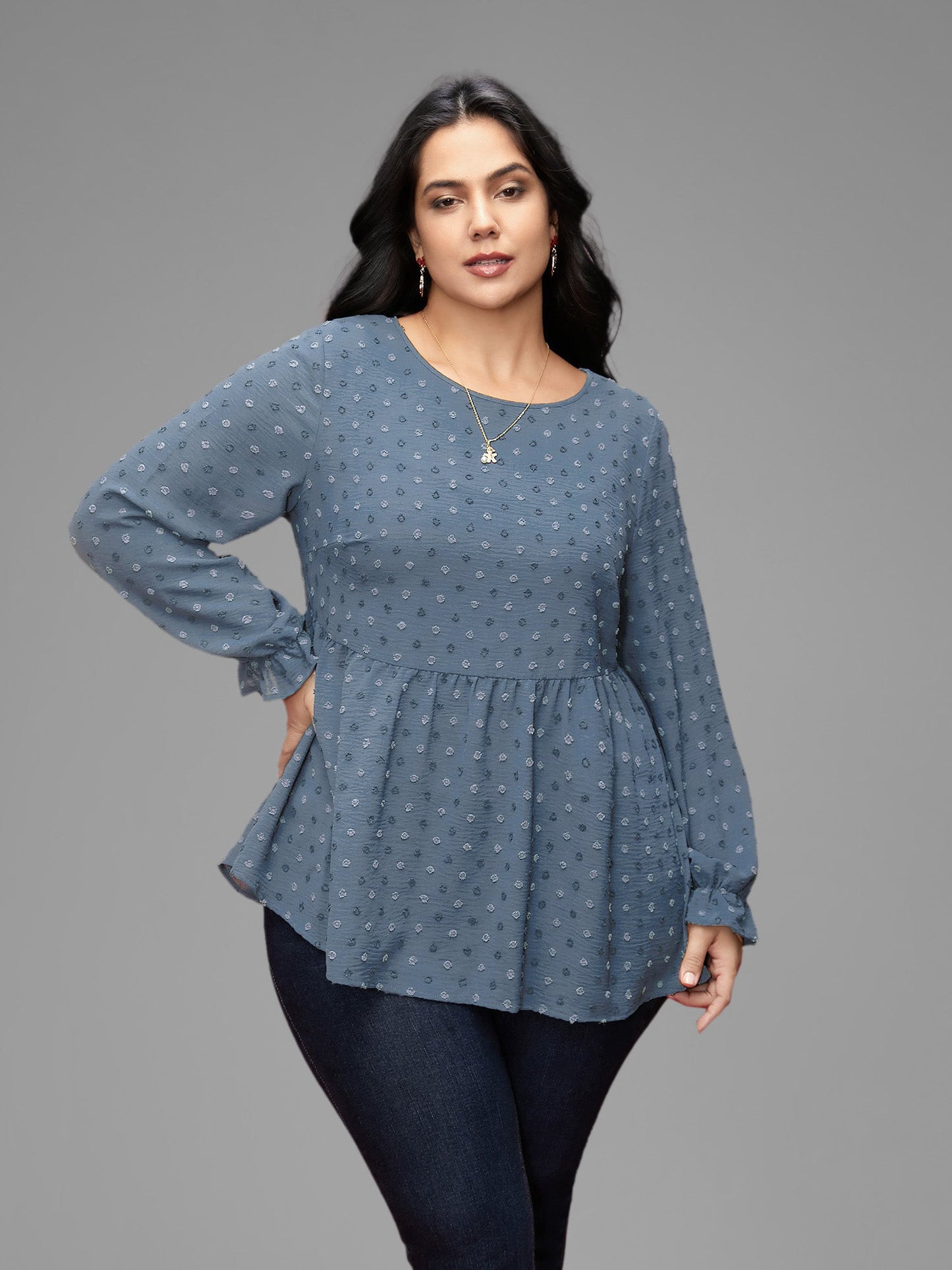 Textured Dot Elastic Cuffs A-line Blouse