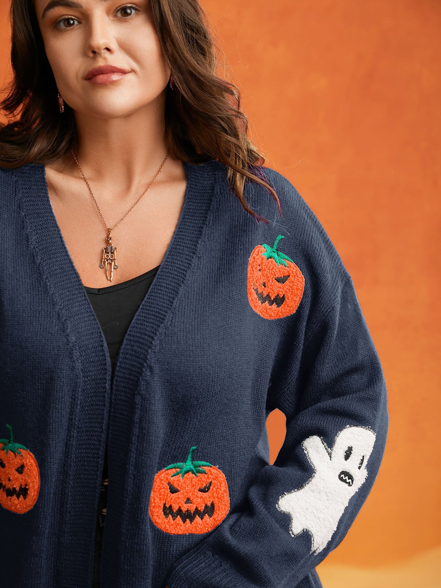 Pumpkin Ghost Embroidery Open Cardigan