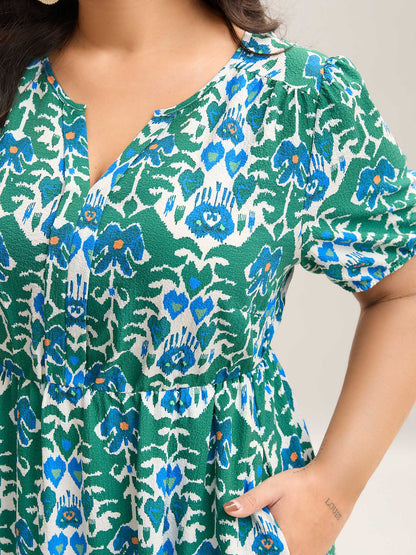 Boho Pattern Stretchy Waist Pockets Midi Dress