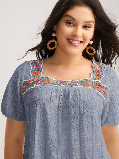 Eyelet Trim Floral Embroidered Solid T-Shirt