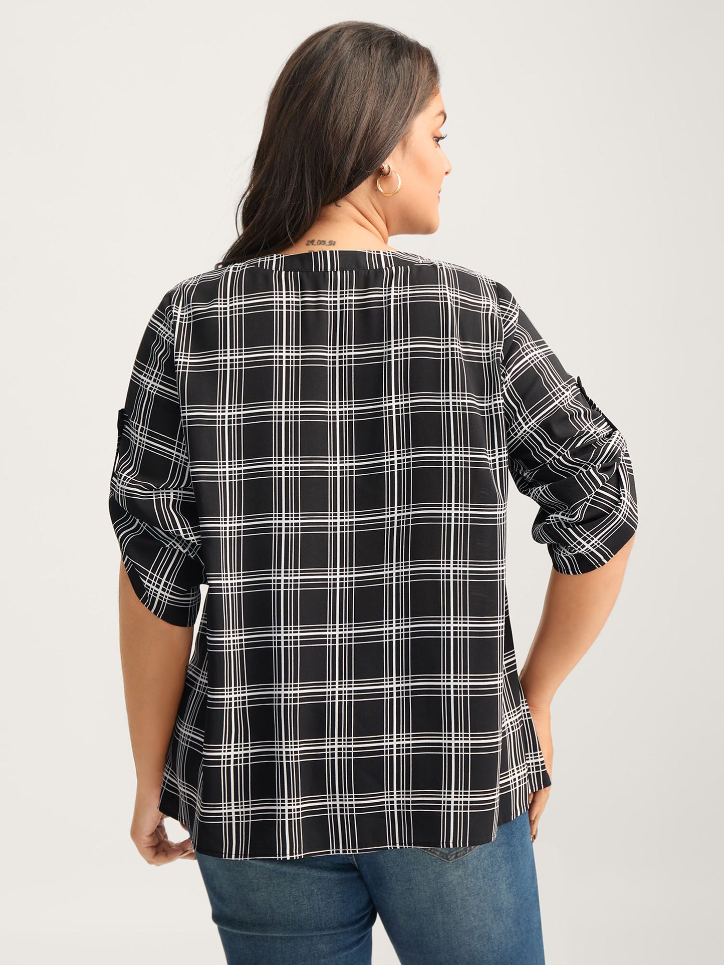 Plaid Print Tab Sleeve Notched Blouse
