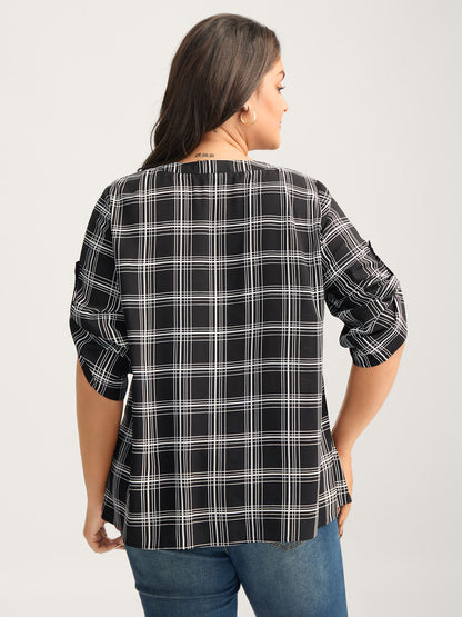 Plaid Print Tab Sleeve Notched Blouse
