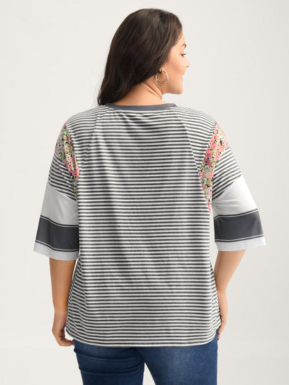 Cotton Mixed Print Floral Detail Knit Top