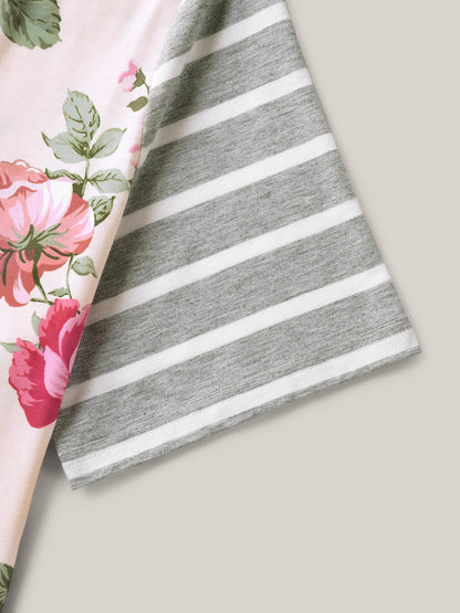 Floral Striped Stretchy Crew Neck T-Shirt
