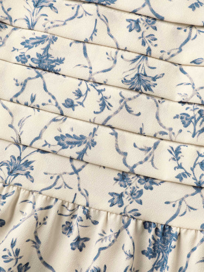 Floral Pleated Bodice Puffy Sleeve Blouse