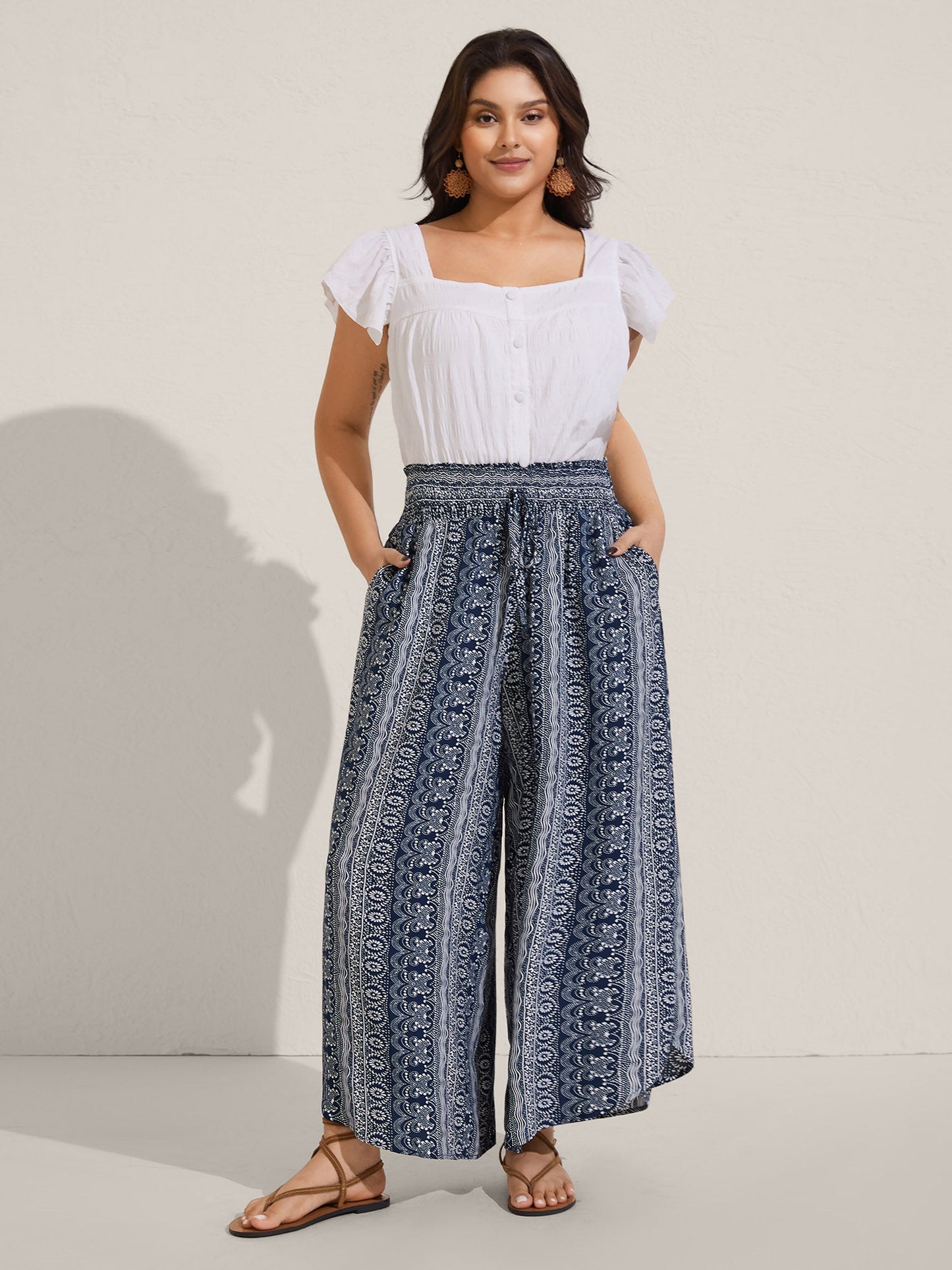 Boho Print Shirred Waist Wide-Leg Pants