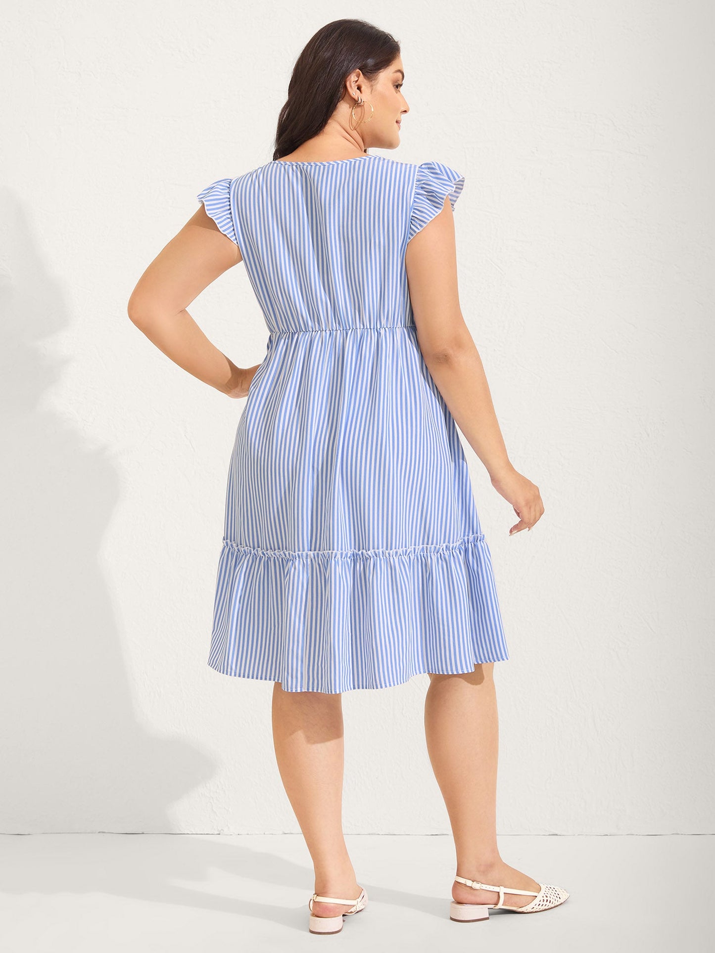 Floral Embroidery Stripes Flutter Midi Dress