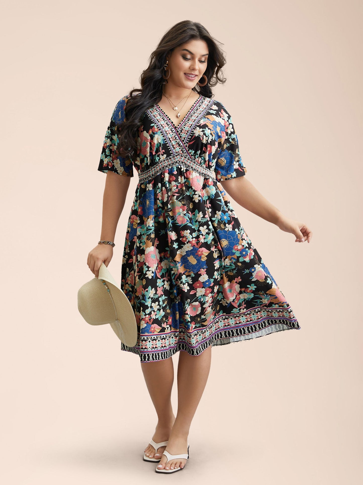 Boho Print Shirred V-Neck Flared Midi Dress