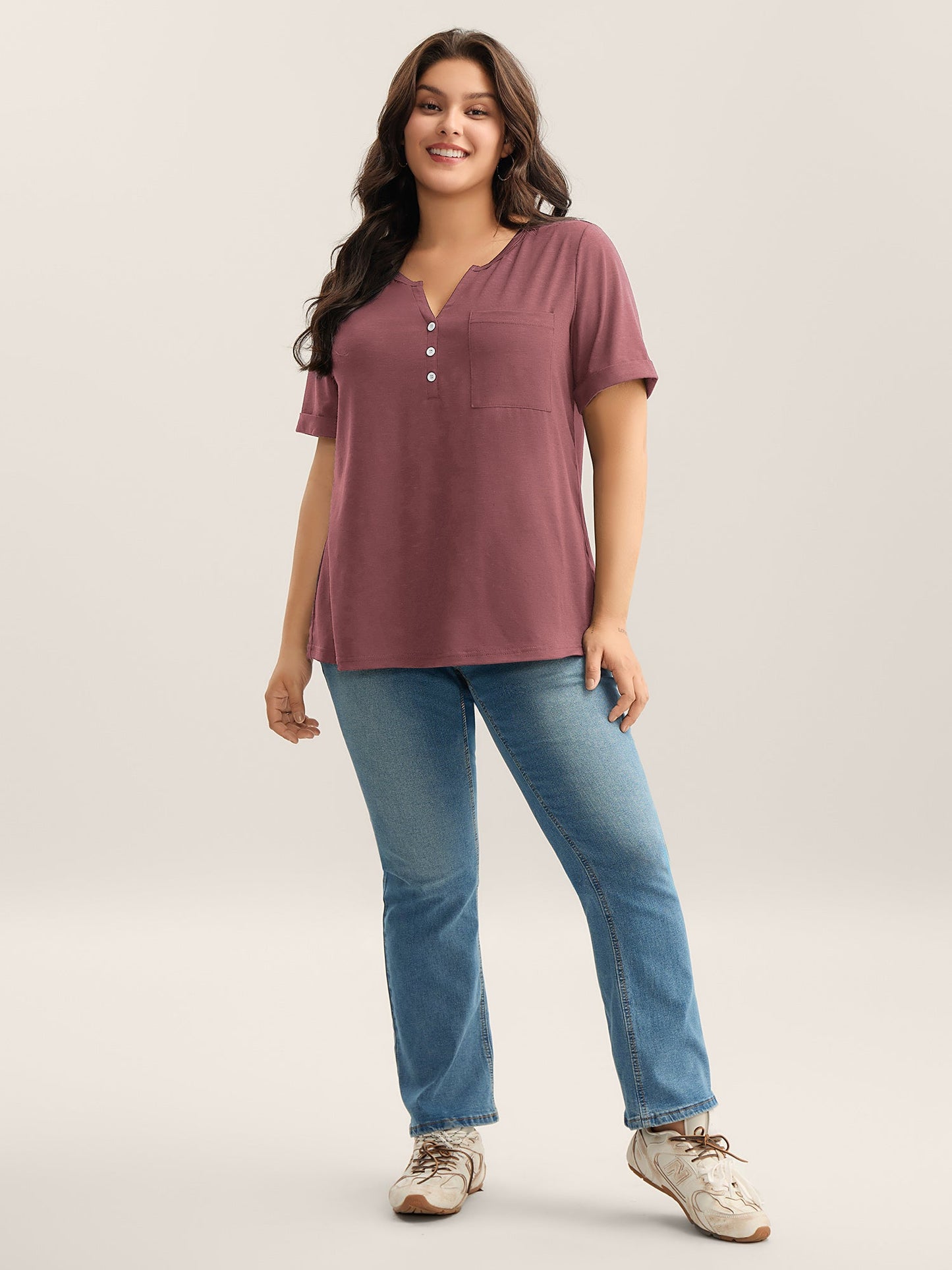 Solid Split Neck Button Detail T-Shirt