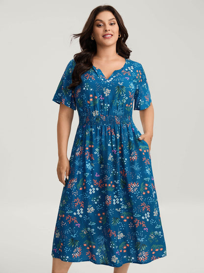 Rayon Playful Floral Shirred Midi Dress