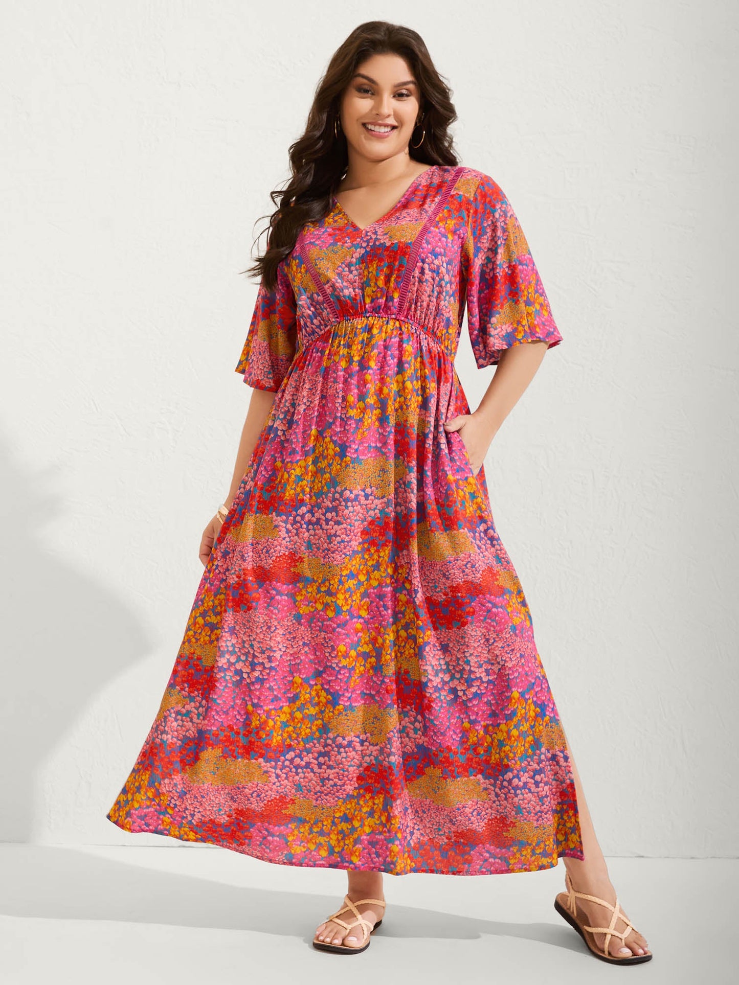 Floral Lace Trim Flowy Sleeve Midi Dress