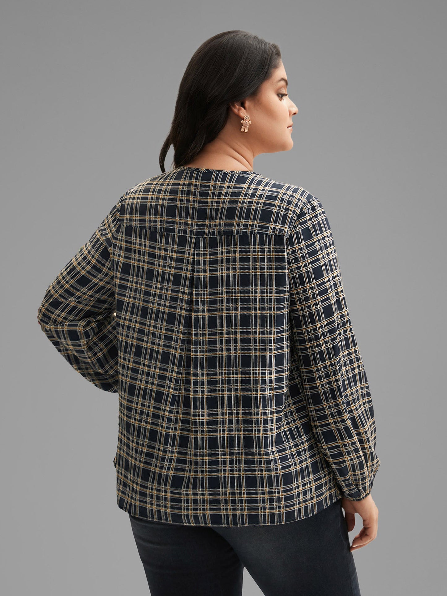 Plaid Zipper Front Lantern Sleeve Blouse