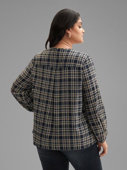 Plaid Zipper Front Lantern Sleeve Blouse