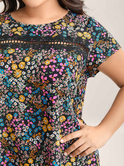 Multi-Color Floral Print Lace Spliced Blouse