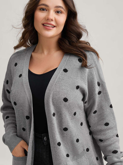 Polka Dot Kimono Collar Patch Pocket Cardigan