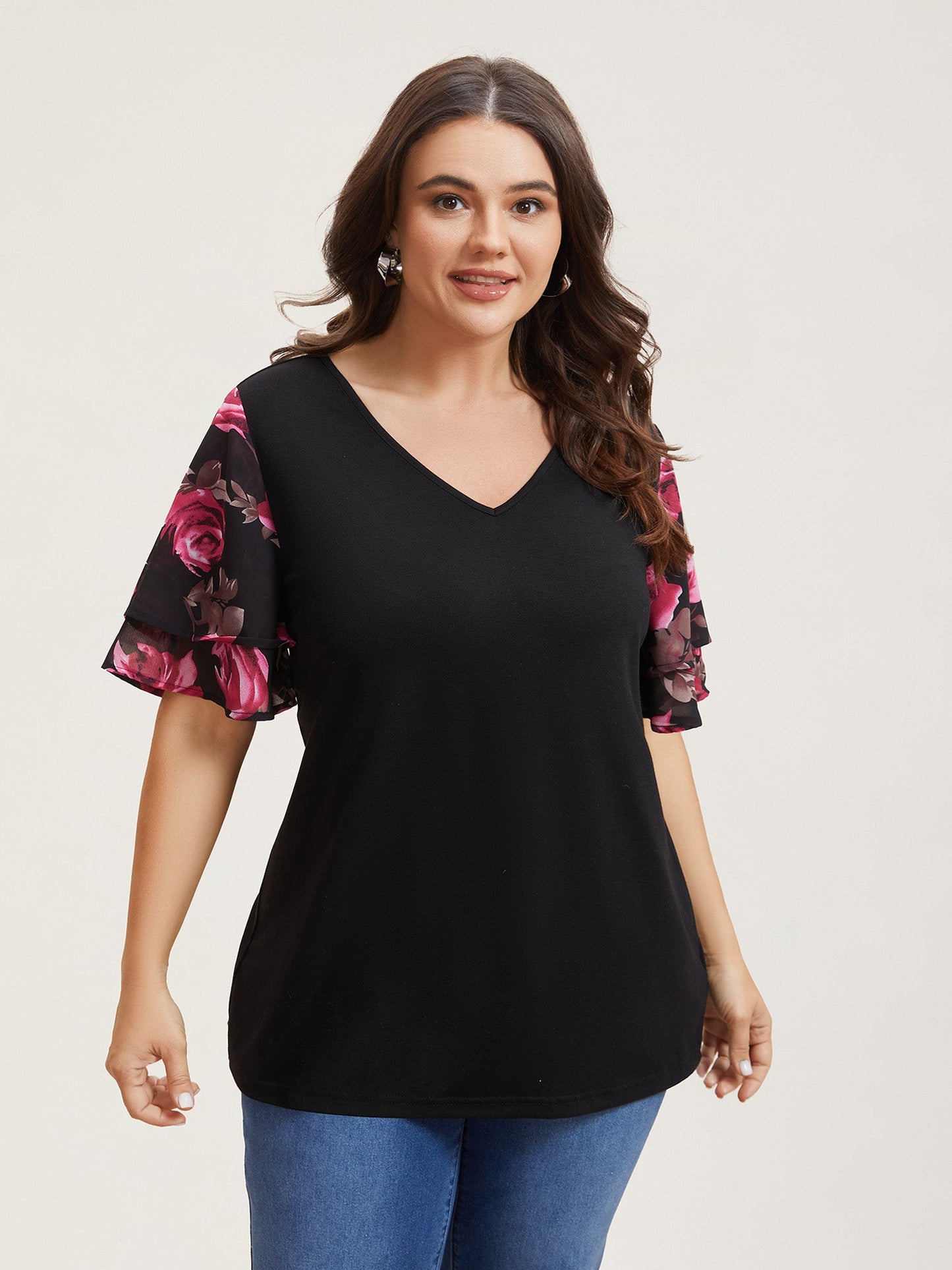Stretchy Floral Lotus Sleeve V-Neck T-Shirt