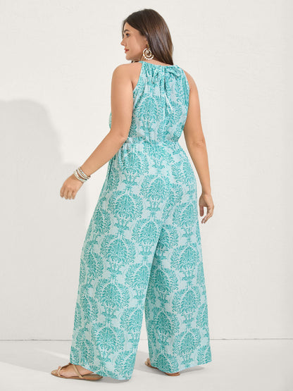 Rayon Damask Print Stretchy Waist Jumpsuit
