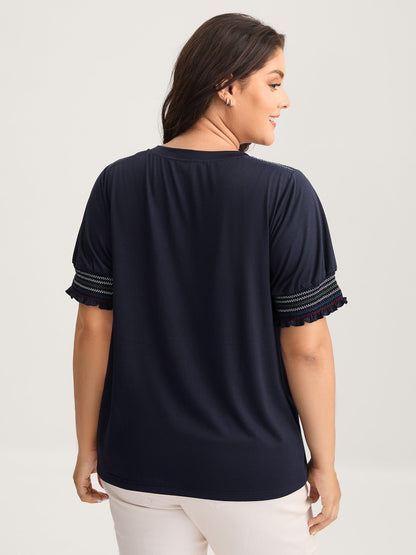 Stretchy Colorful Spliced Shirred T-Shirt