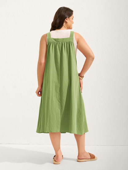 Pure Cotton Pleated Pockets Midi Dress