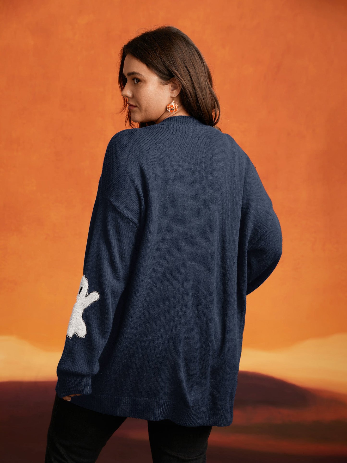 Pumpkin Ghost Embroidery Open Cardigan