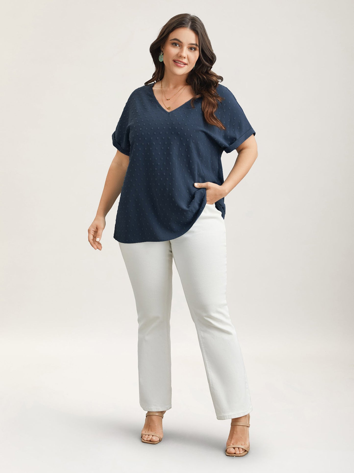 Back-Button Textured V-Neck Shirt