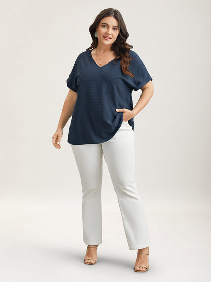 Back-Button Textured V-Neck Shirt