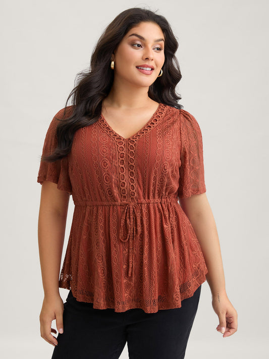 V Neck Lace Panel Drawstring Blouse