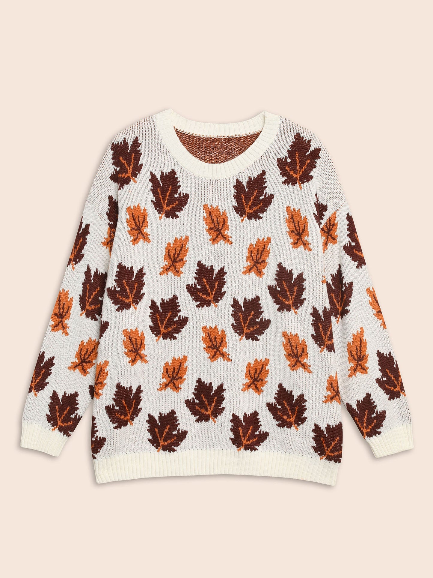 Leaves Jacquard Drop Shoulder Sleeve Pullover