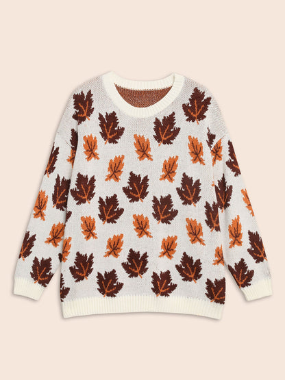 Leaves Jacquard Drop Shoulder Sleeve Pullover