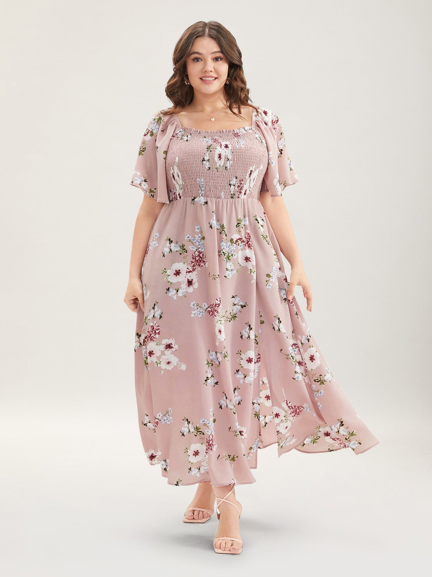 Floral Square Neck Ruffles Pocket Shirred Split Dress