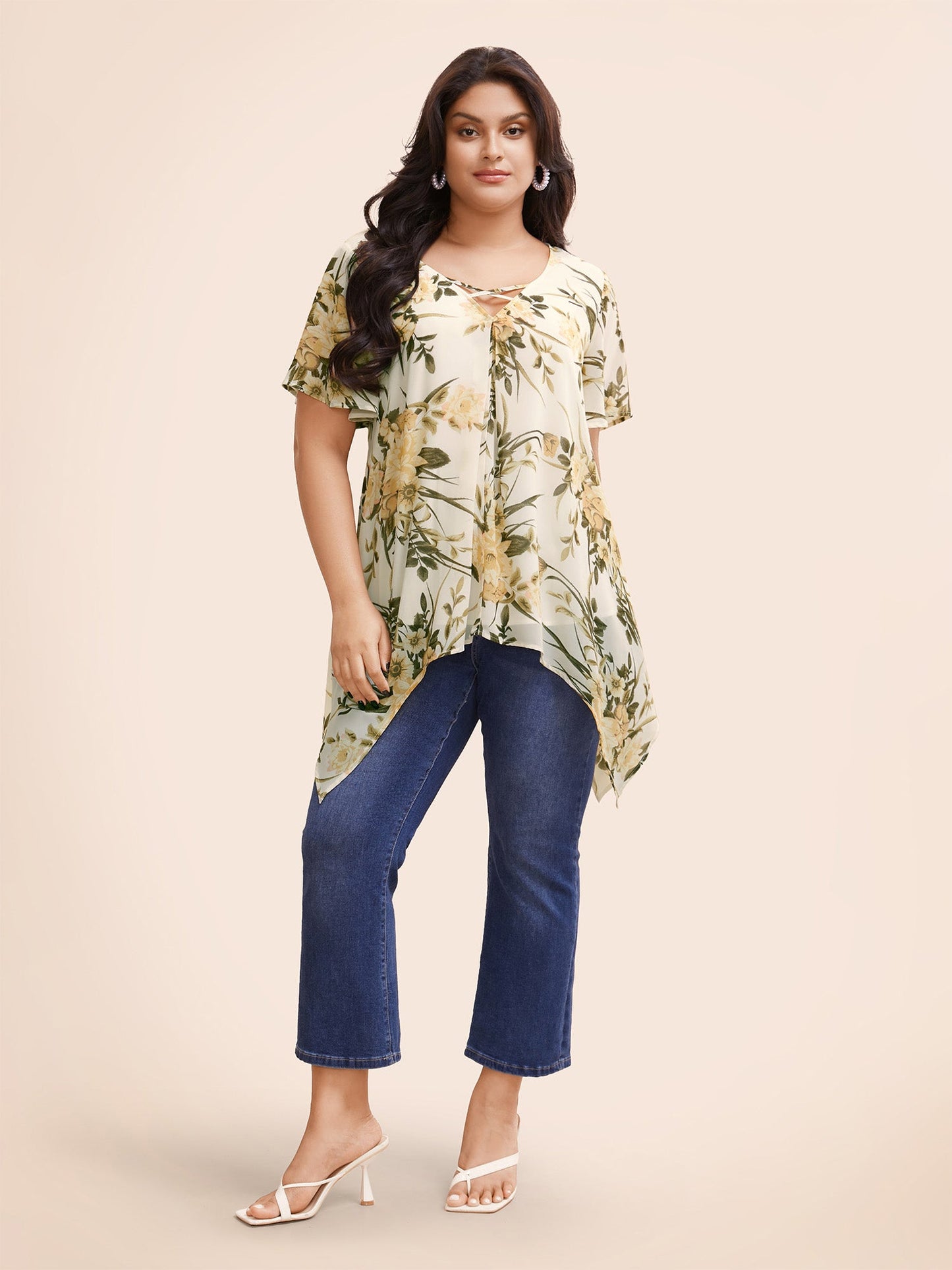 Chiffon Floral Crisscross Hanky Hem Blouse