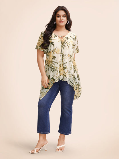 Chiffon Floral Crisscross Hanky Hem Blouse