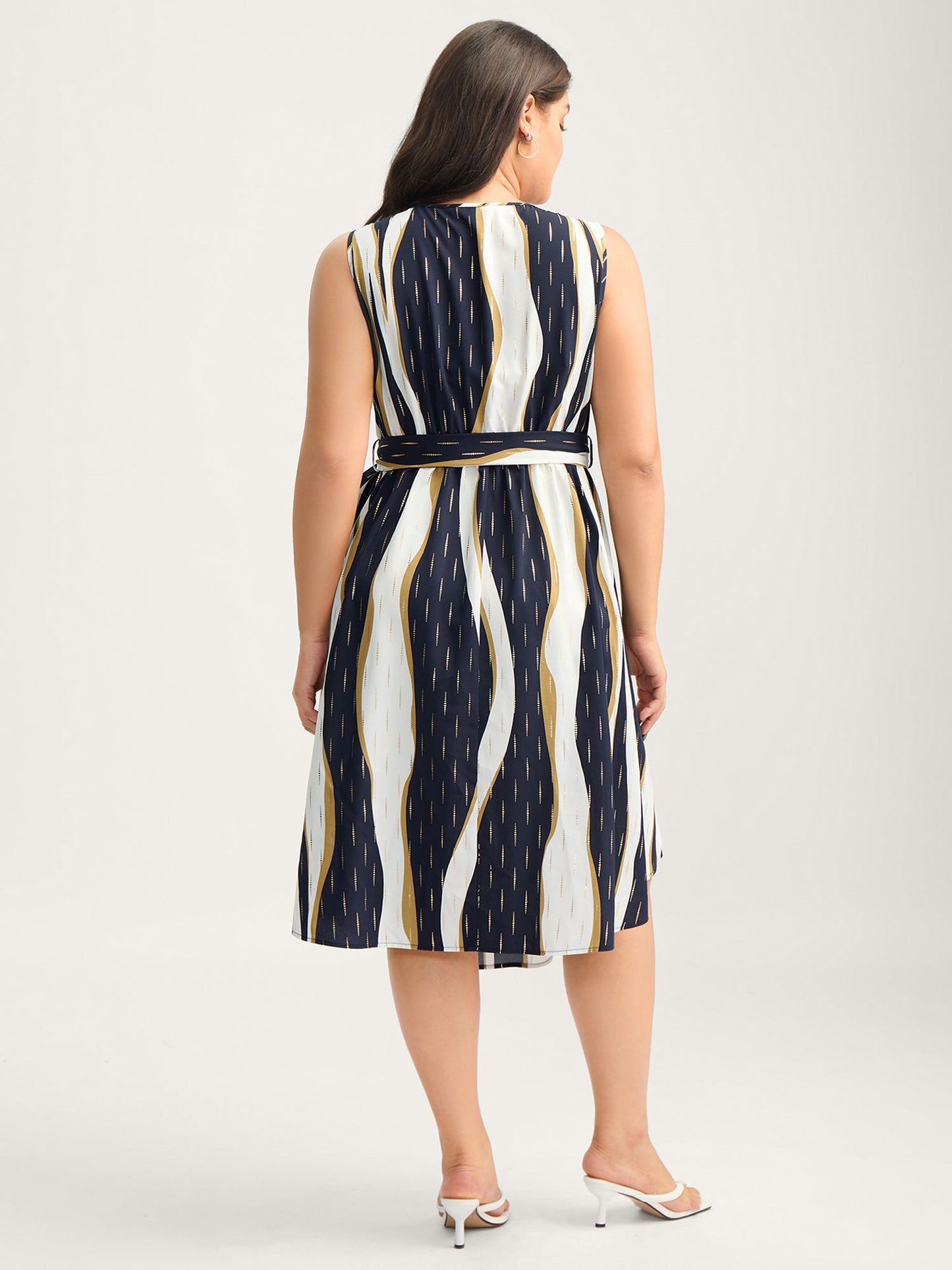 Gold Stamp Wavy Striped Lined Midi Dress