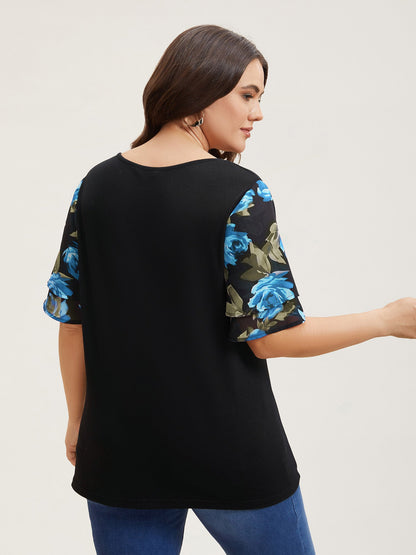 Stretchy Floral Lotus Sleeve V-Neck T-Shirt