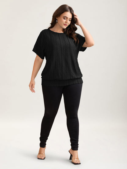 Eyelet Trim Stretchy Textured Plain Top