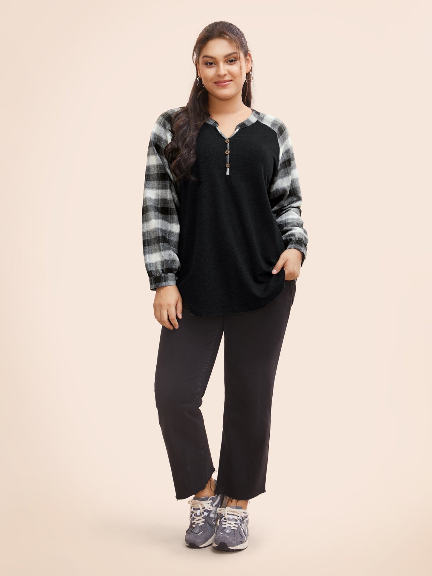 Plaid Patchwork Notched Button Detail Sweatshirt