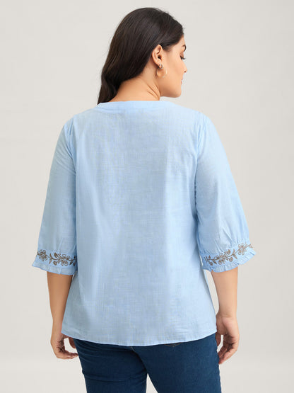 Cotton Floral Embroidered Notched Collar Frill Trim Blouse