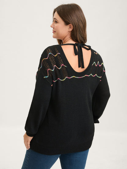 Ripple Textured Sheer Neck Backless Pullover