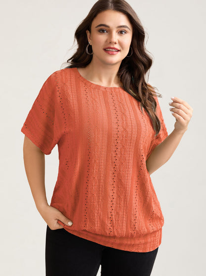 Eyelet Trim Stretchy Textured Plain Top