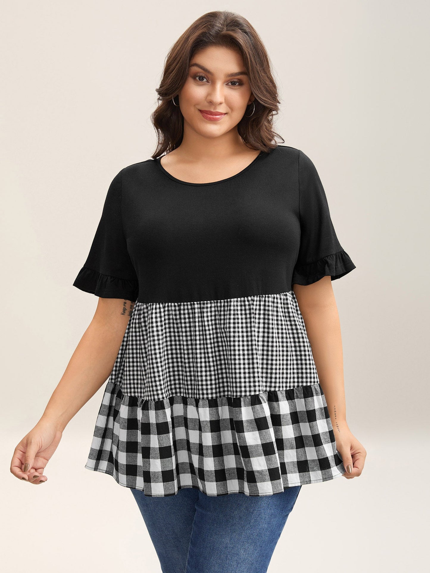 Mixed Print Round Neck Doll T-Shirt