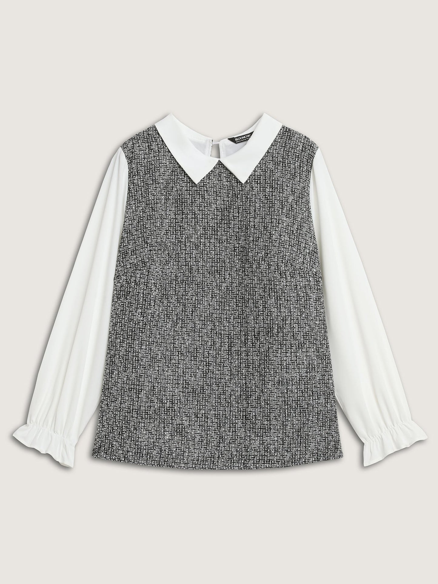 Tweed Patchwork Lantern Sleeve Blouse